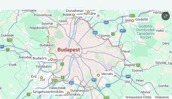 Budapest és 30 kilométeres körzete – szemléltető térkép